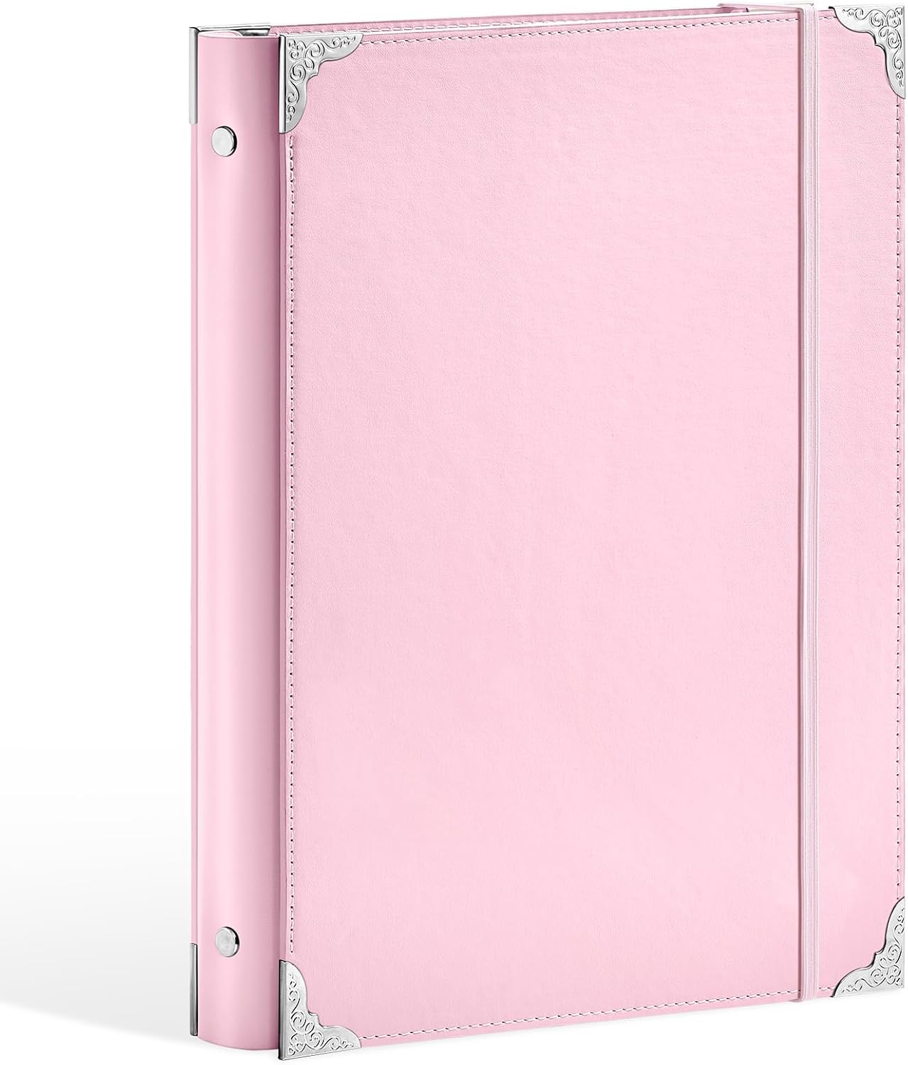 Ovesmusl PU Leather 3 Ring Binder Fits 8.5"x11" Letter Size Paper, 1 Inch Round Ring Binder Holds 200 Sheets, Notepad Paper Cover Loose Leaf Organizer for School, Pink