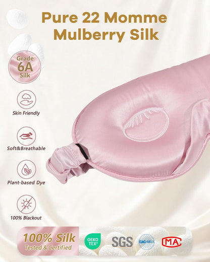 BeeVines Pure Silk 3D Contoured Sleep Mask for Women, Luxury 100% 22 Momme Mulberry Silk 3D Contoured Eye Mask for Lash Extensions, Zero Eye Pressure & Blackout(Pink)