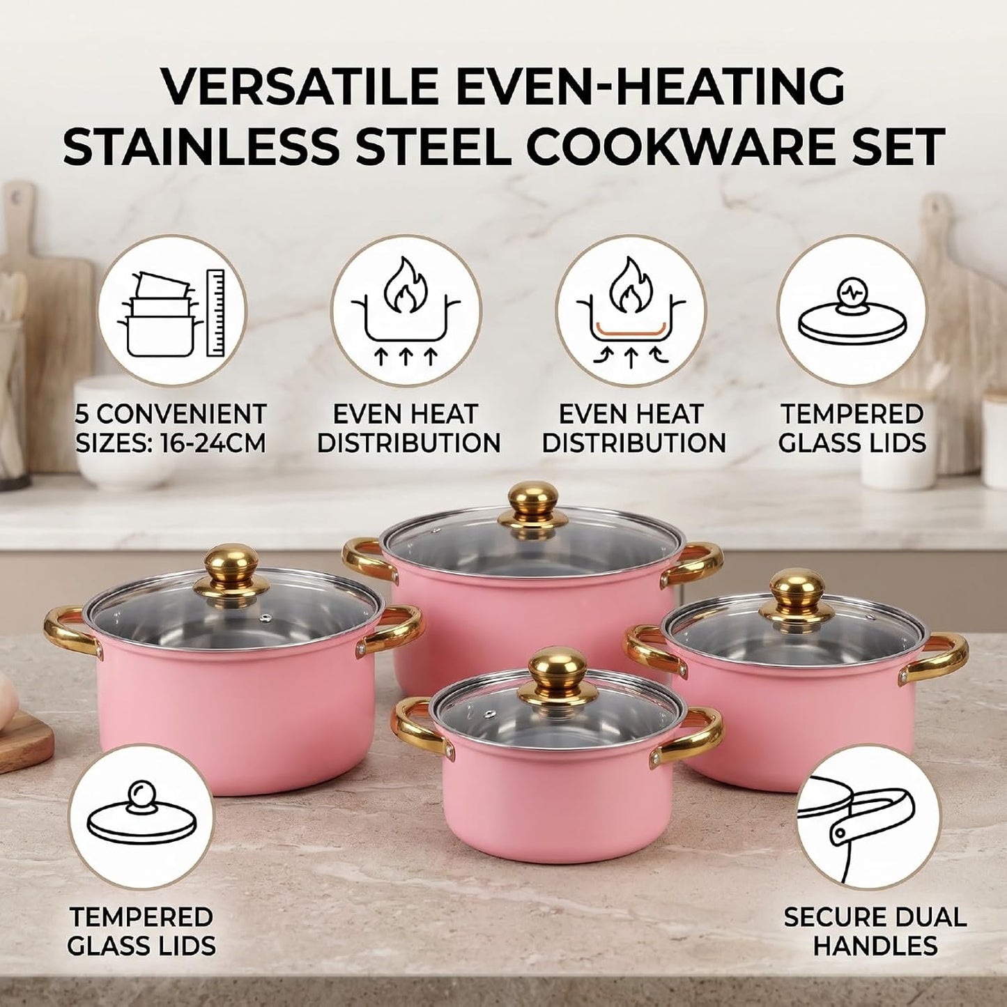 Zerodis 5Pcs Stainless Steel Stock Pot Sets, 16cm/18cm/20cm/22cm/24cm Sauce Pans with Transparent Glass Lids and Handles for Kitchen Cooking Boiling Frying Stewing (Pink)