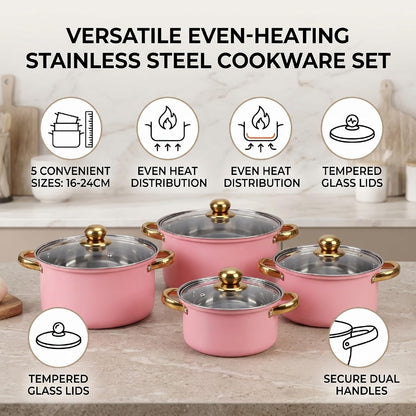 Zerodis 5Pcs Stainless Steel Stock Pot Sets, 16cm/18cm/20cm/22cm/24cm Sauce Pans with Transparent Glass Lids and Handles for Kitchen Cooking Boiling Frying Stewing (Pink)