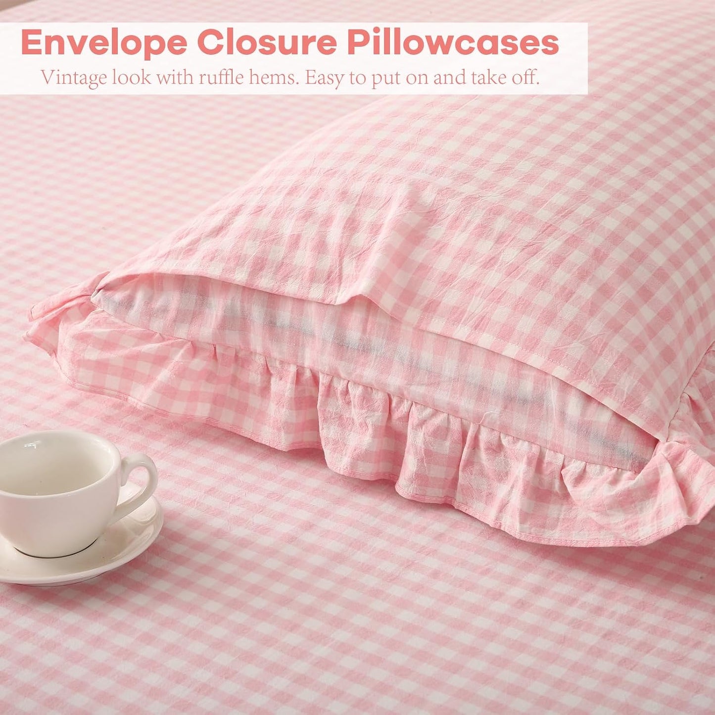 Peach Blush White Plaid Ruffle Gingham Sheets Full Size 4-Piece Set, 300TC 100% Yarn Dyed Cotton Sheets 18 in Deep Pocket Kids Preppy Decorative Bedding (Blush/White Plaid, Full)