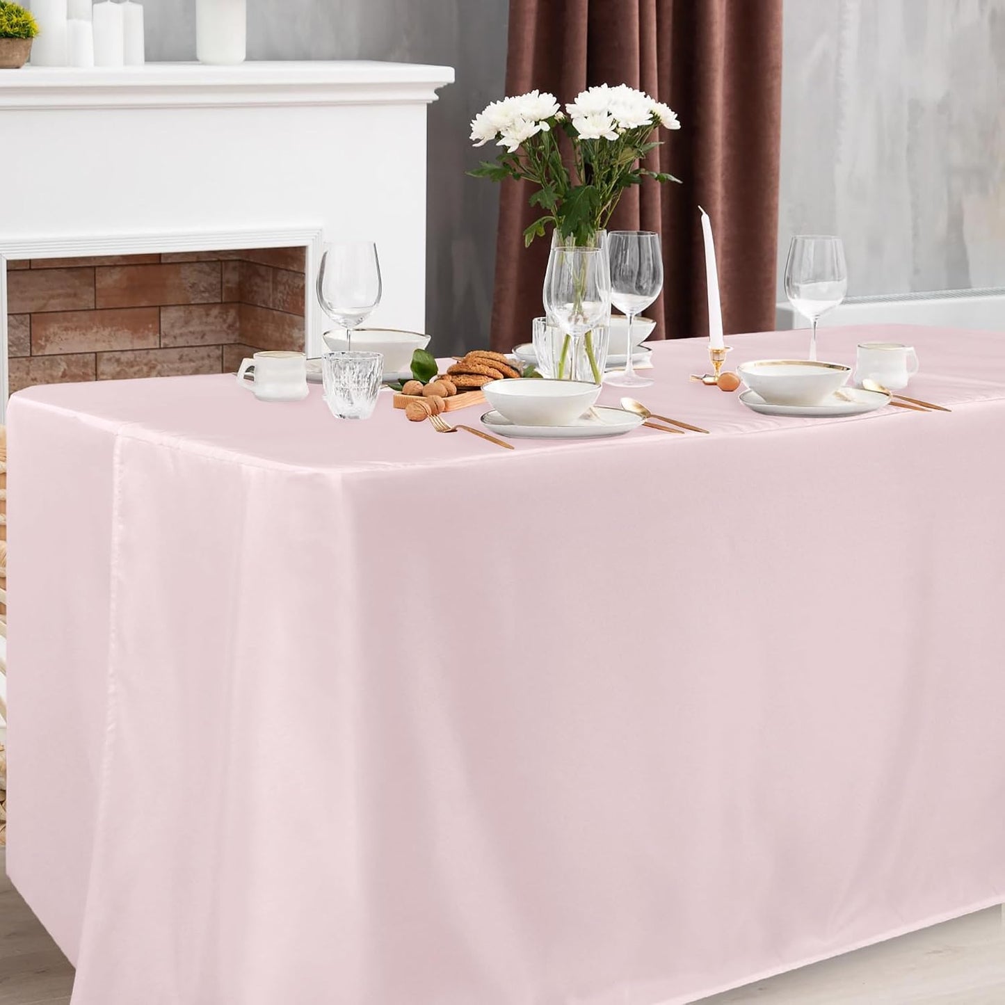 Obstal 2 Pack Table Clothes for 6 Foot Rectangle Tables - Water Resistant Washable Fabric Polyester Rectangle Table Cover Protector for Wedding, Banquet and Trade Shows, 72L x 30W Inches, Dusty Pink