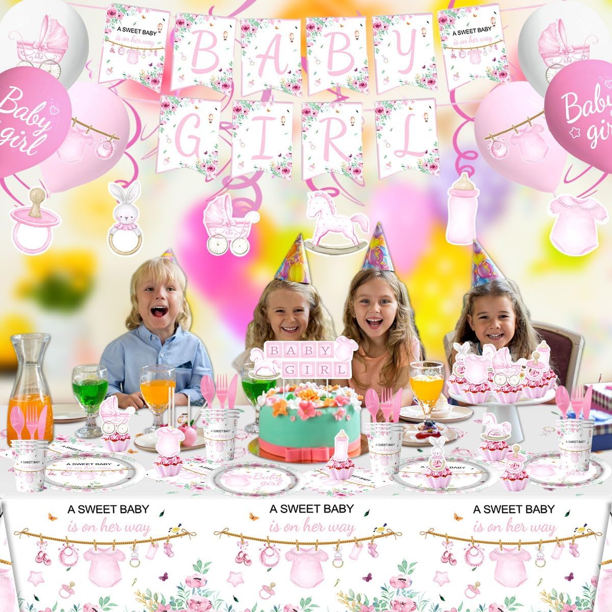 141Pcs Pink Baby Shower Decorations, Sweet Girl Tableware Set , Girls Gender Reveal Party Decorations Supplies