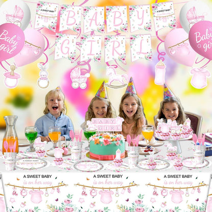 141Pcs Pink Baby Shower Decorations, Sweet Girl Tableware Set , Girls Gender Reveal Party Decorations Supplies