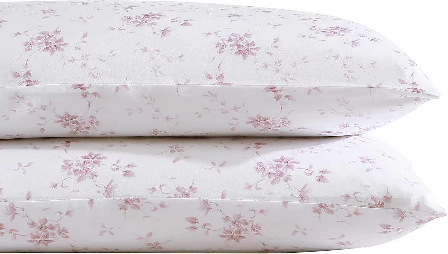Laura Ashley Home - Standard Pillowcase Set, Cotton Sateen Bedding, Smooth & Wrinkle-Resistant (Garden Muse Pink, 2 Piece)