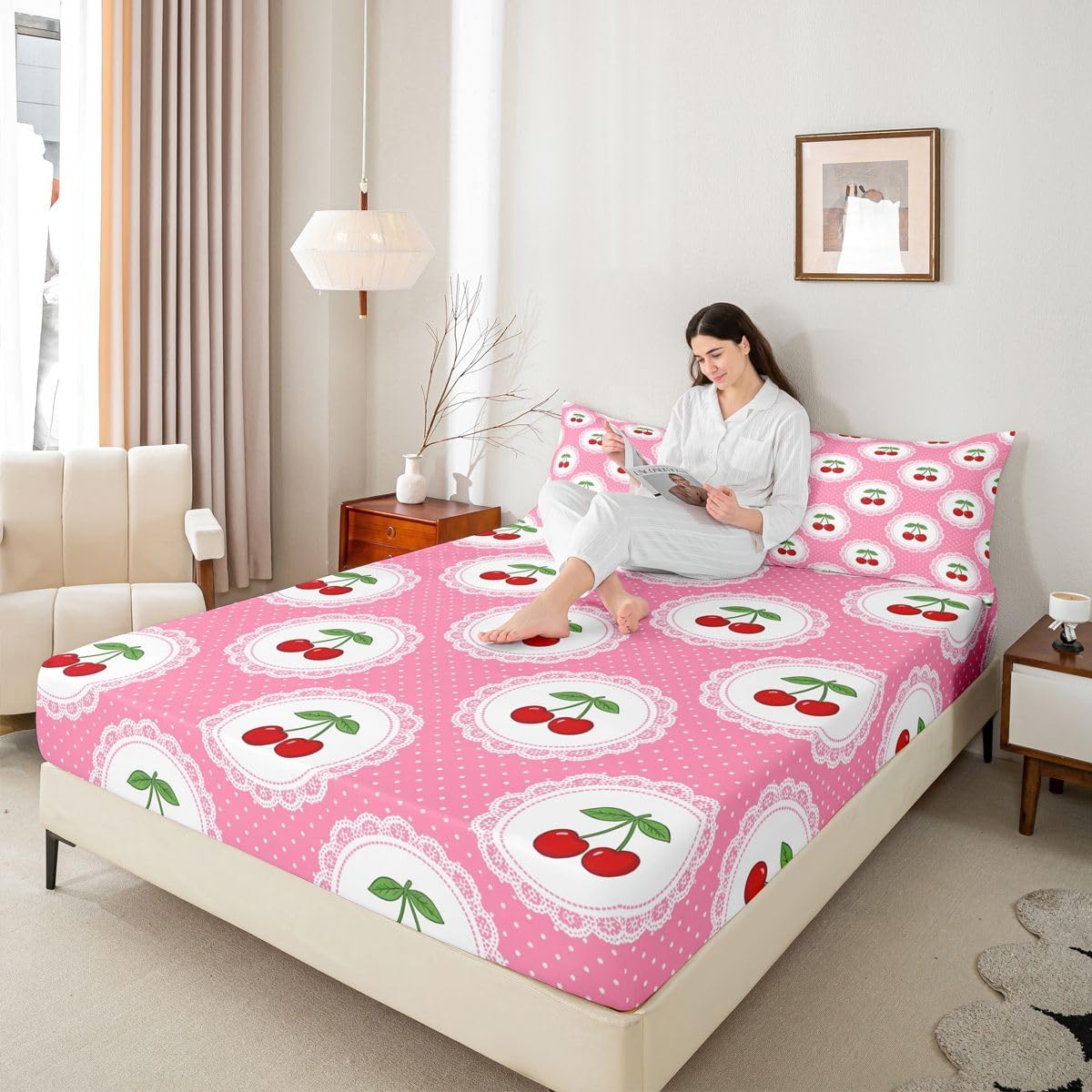 Manfei Cute Cherry 3pc Bedding Set Polka Dots Fruits Deep Pocket Bed Cover for Kids Boys Girls Princess Style Sheet Set(Queen Flat & Fitted Sheet with 2 Pillow Cases),Peach Pink