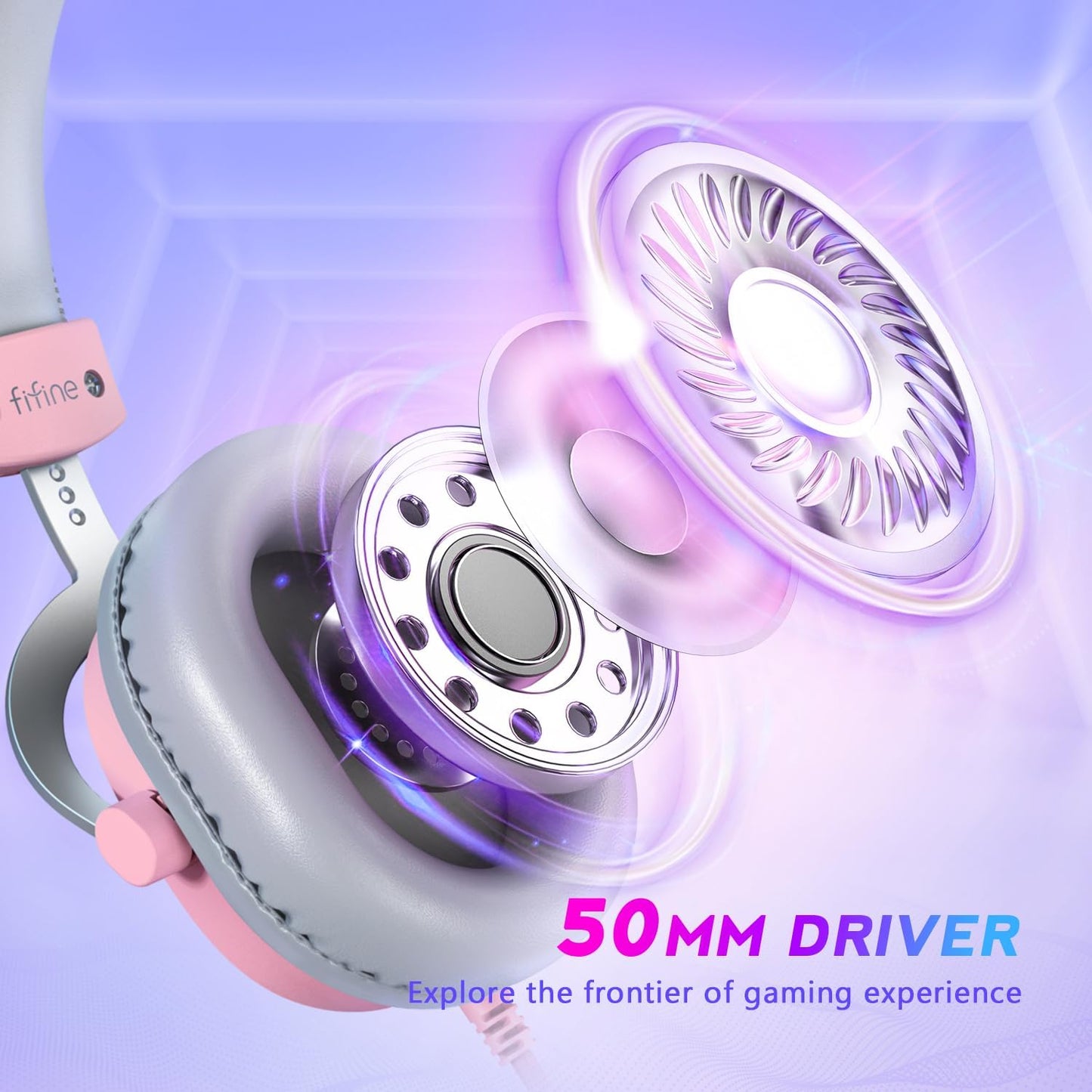 FIFINE USB Gaming Headset, PC Over-Ear Wired Streaming Headset with 3.5mm Jack, Detachable Microphone, 7.1 Surround Sound, Control Box, Passive Noise Cancellation, for PS5/Xbox/Switch-H9 Pink