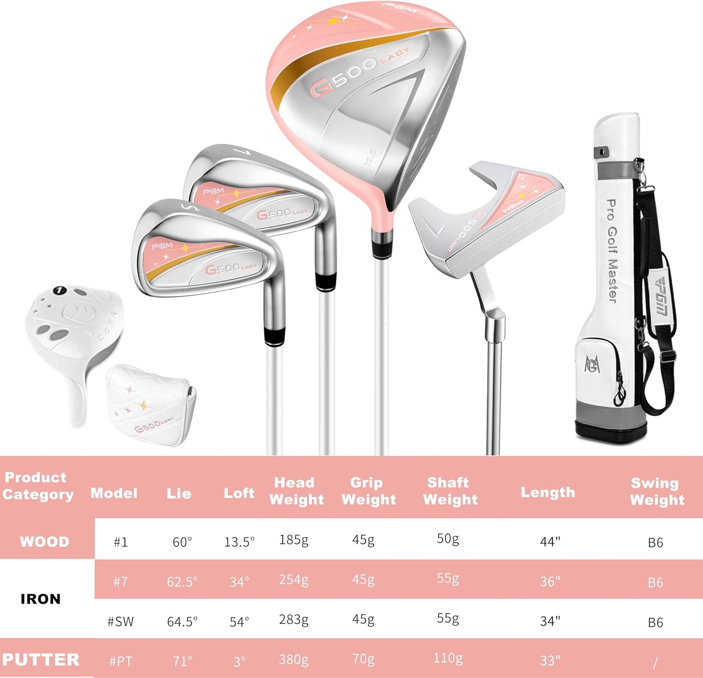 PGM Women's Golf Clubs Full Set for Right Handed with Driver Woods Hybrid Irons Wedges Putter, Lady Flex Complete Golf Set for Beginner to Intermediate Golfers with Headcovers and Club Bag