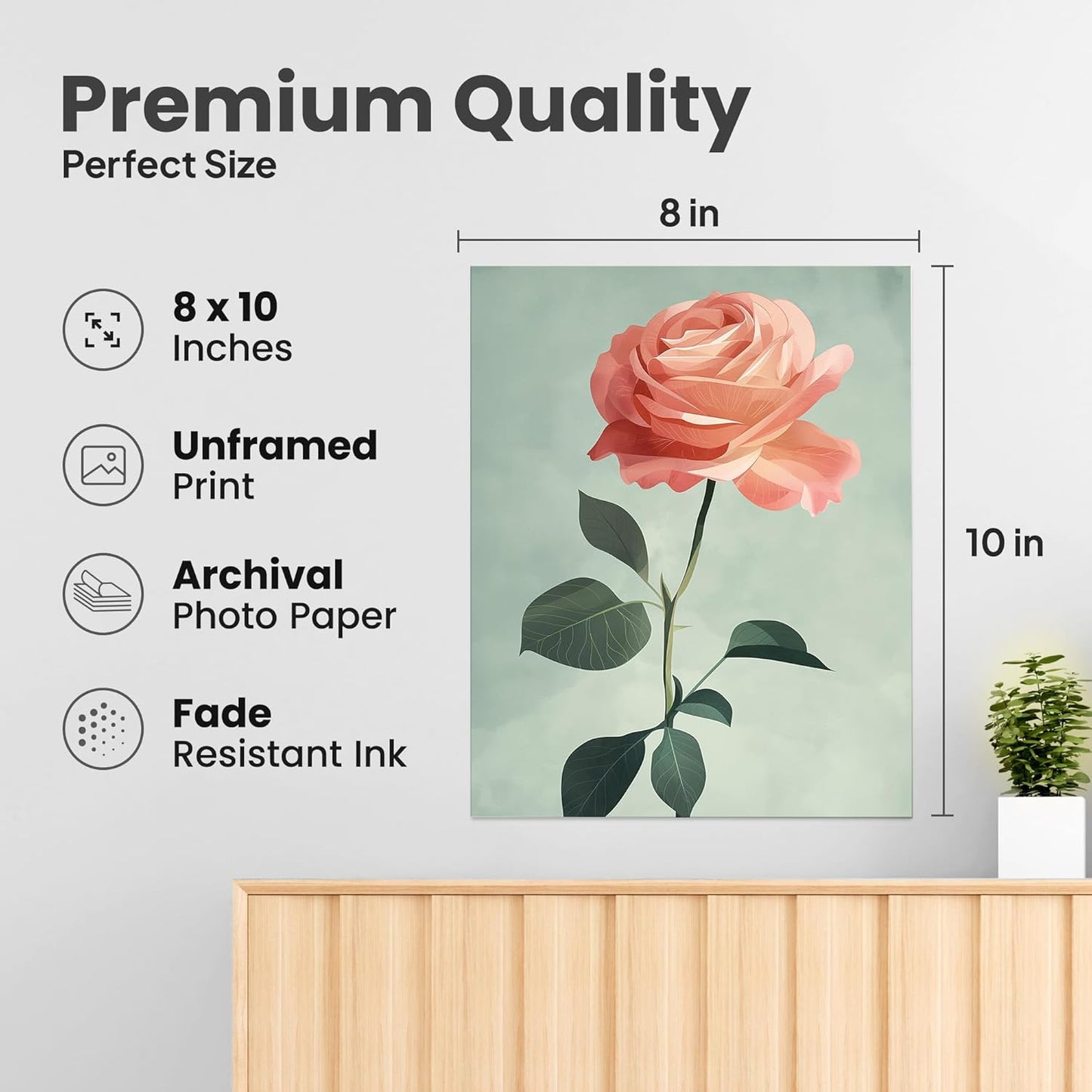 ZUKIY Soft Peach Rose Stem - 8x10 Unframed Single Rose Wall Art - Blossom Flower Botanical Print for Bedroom Office Living Room Hallway or Gallery Wall - Romantic Floral Artwork for Home Decor