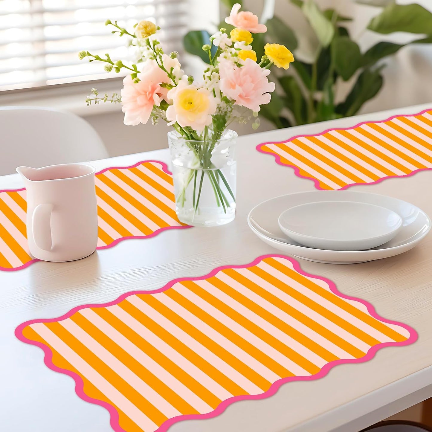JarThenaAMCS 60 Pcs Stripe Scalloped Paper Placemats Table Mats 11 x 17 Inch Orange Pink Striped Disposable Decorative Rectangle Place Mats for Wedding Birthday Baby Shower Party Dining Table Decor