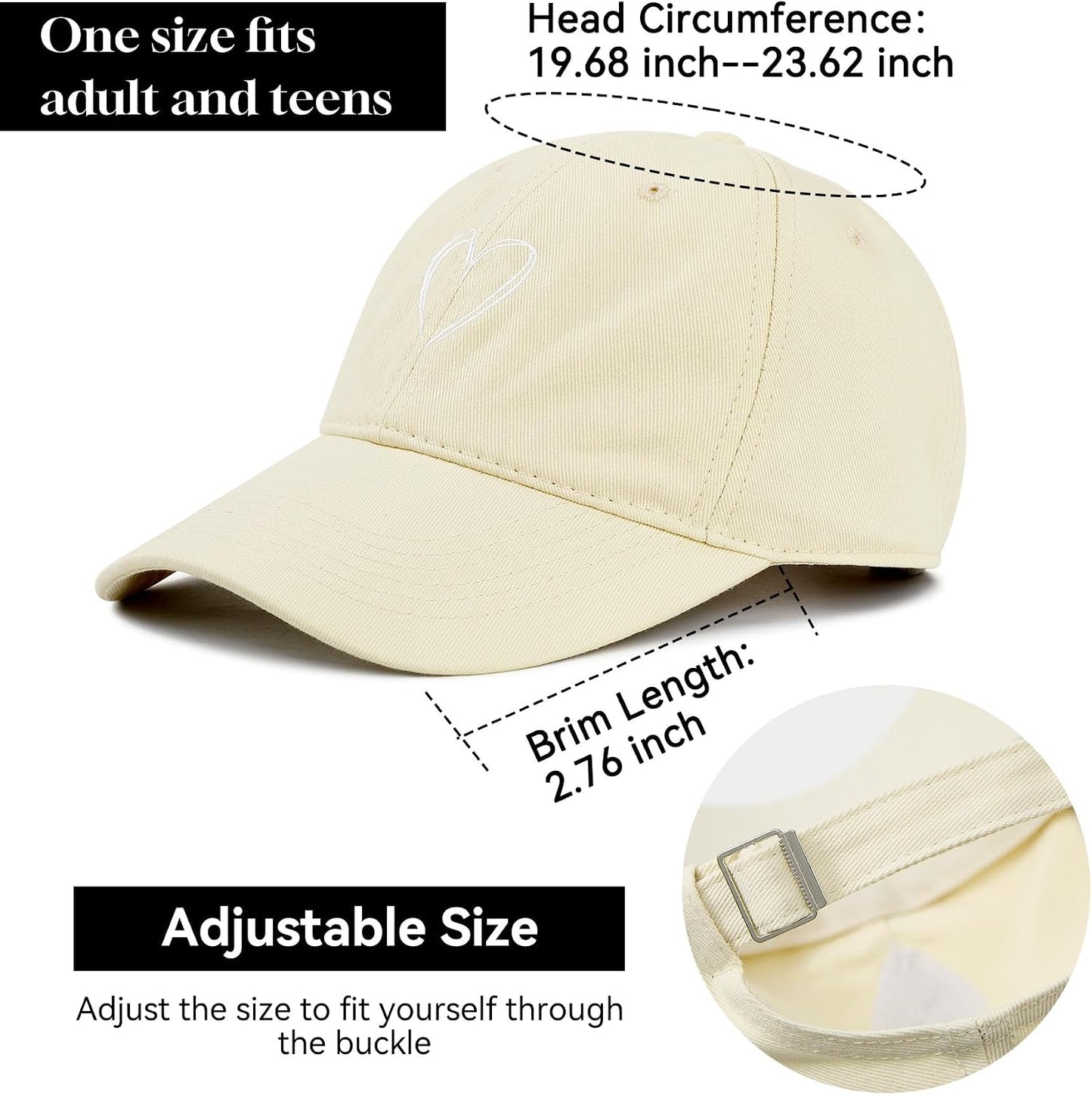 Zando Women's Heart Embroidered Baseball Cap, Adjustable Cotton Dad Hat, Low Profile Casual Cap for Everyday Wear
