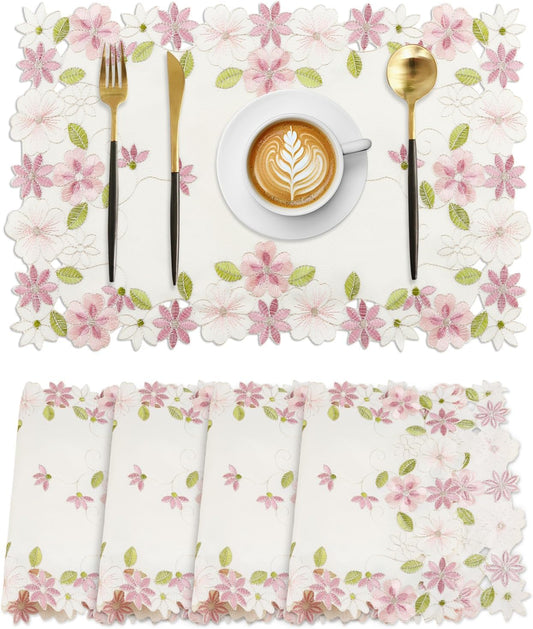 Flower Placemat with Cutout Flower Edge, Pink Floral Cutwork Embroidered Placemats for Wedding Birthday Dinner Party Table Decor, Set of 4,Rectangular
