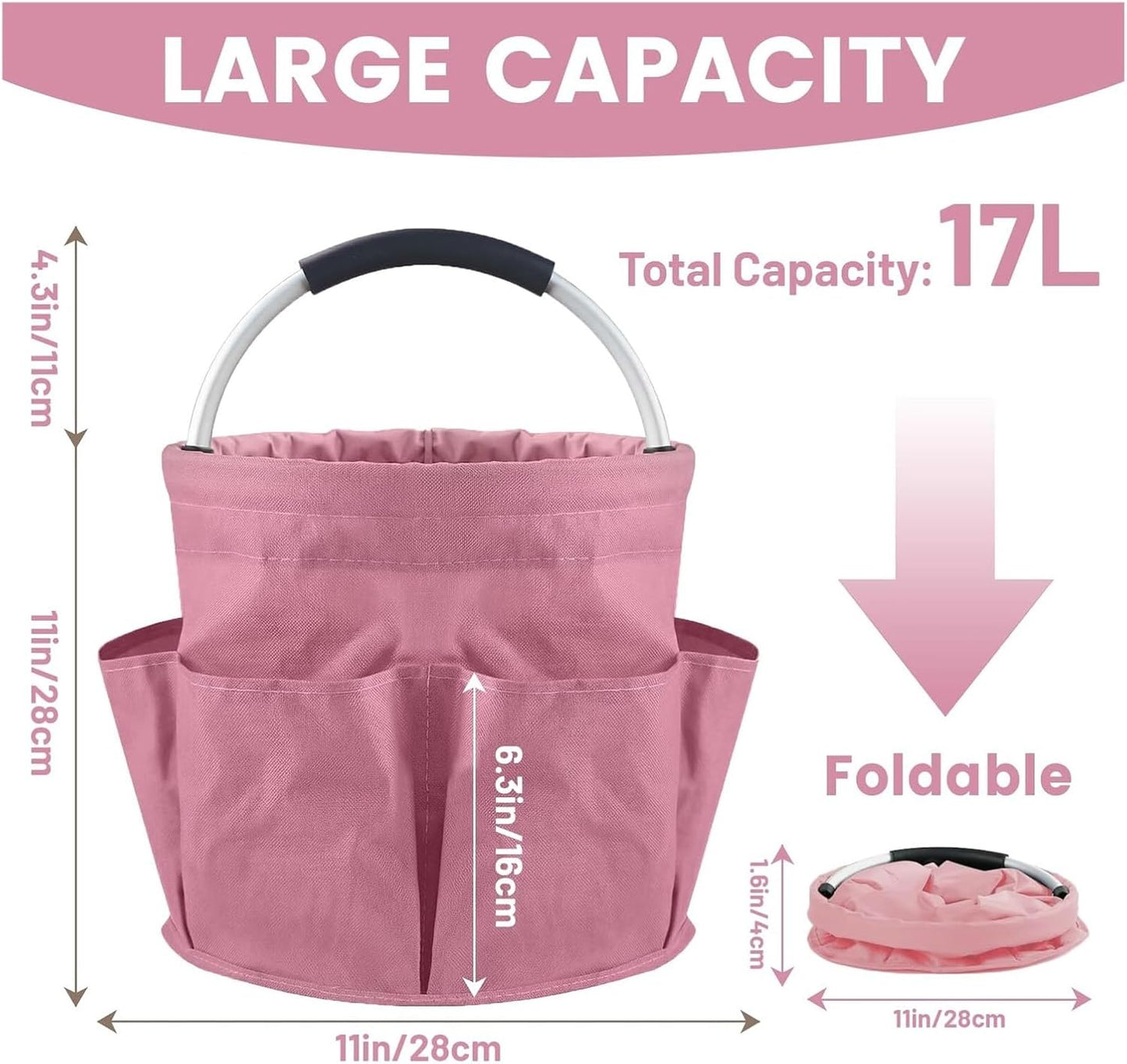 17L Foldable Cleaning Caddy with Handled - Heavy Duty Oxford Fabric Storage Bucket, Portable Organizer for Home, Garden, Beach & Picnic(Pink)