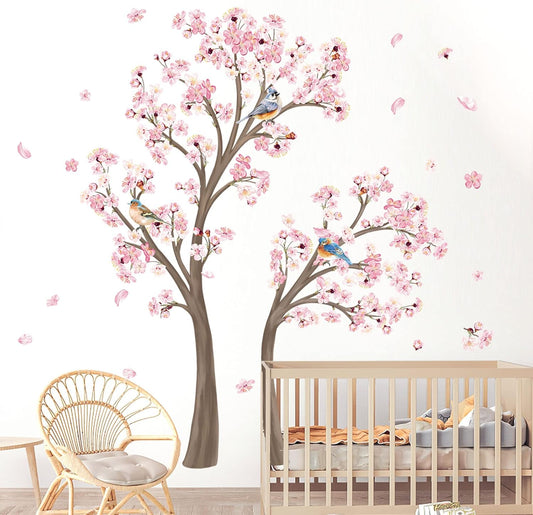 Decalmile Large Cherry Blossom Tree Wall Decals Pink Flower Branch Wall Stickers for Living Room Bedroom Baby Nursery Decor (Tree H: 67 Inch)