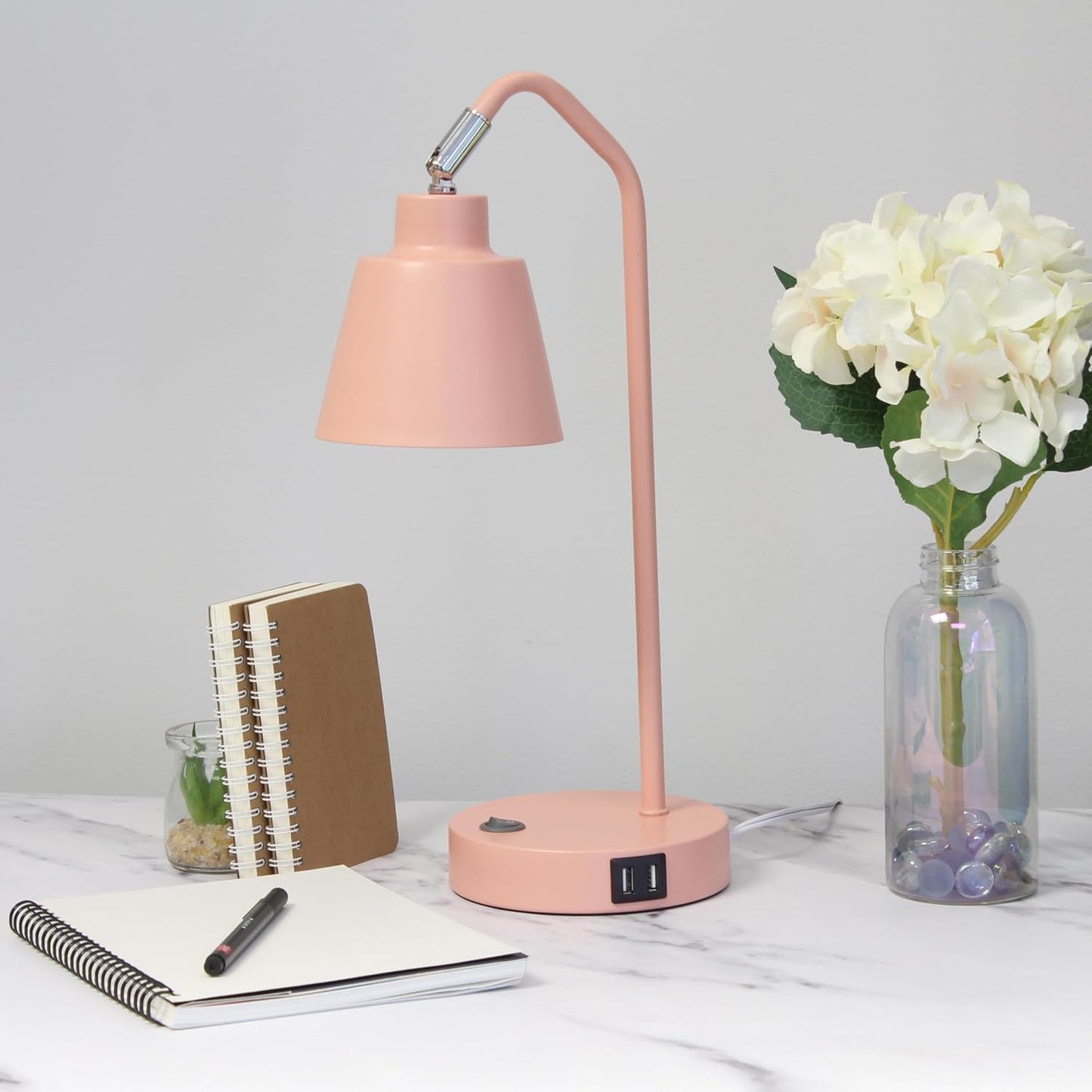 Simple Designs LD1071-BPK 16" Sleek Essentials Adjustable Metal Desk Task Lamp with Dual USB Ports, for Office, Desk, Nightstand, Dorm, Blush Pink