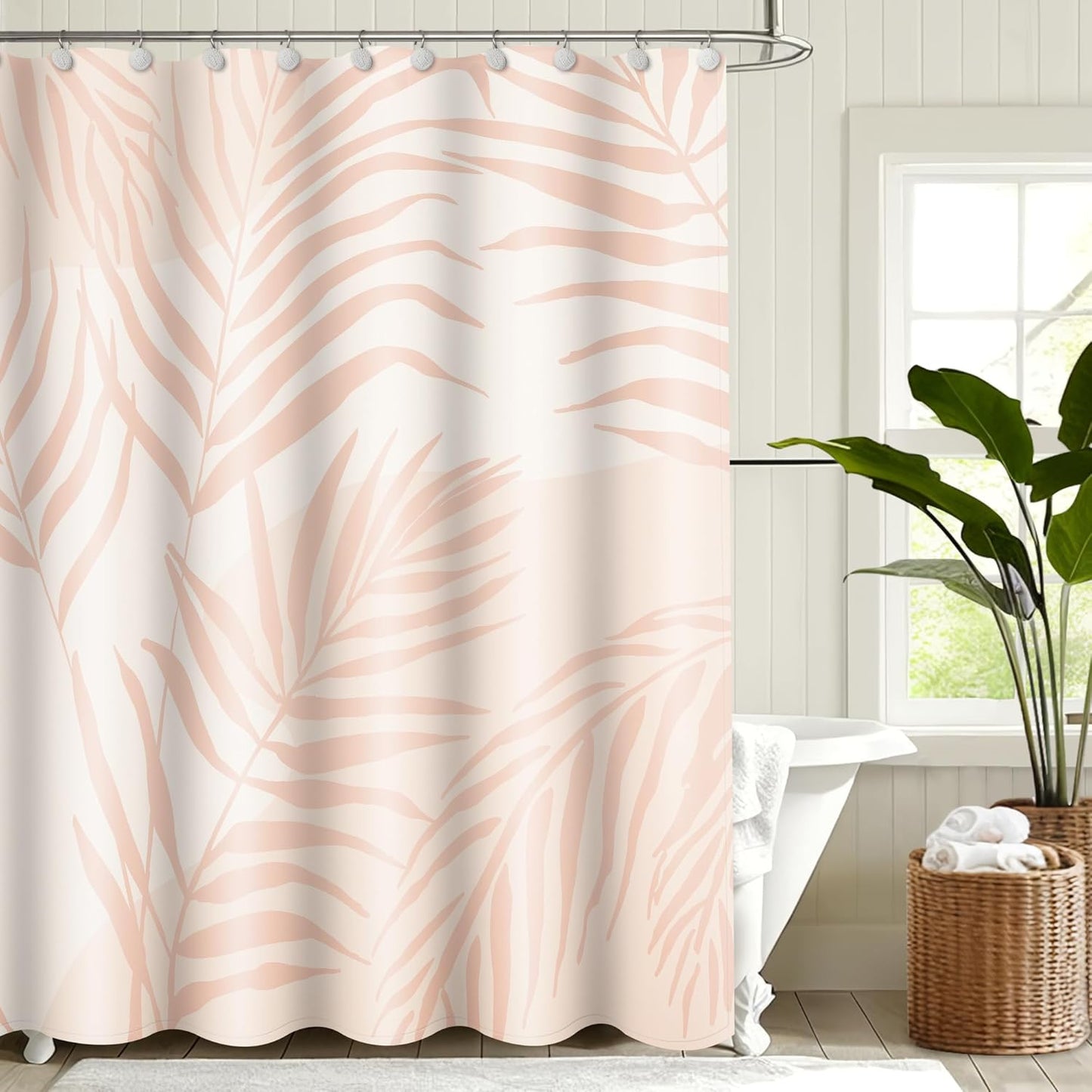 Sunlit Pink Textured Slubbed Fabric Shower Curtain, Mid Century Modern Palm Leaf Shower Curtains for Bathroom Decoration, Boho Botanical Bathroom Curtains, 72x72