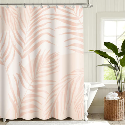 Sunlit Pink Textured Slubbed Fabric Shower Curtain, Mid Century Modern Palm Leaf Shower Curtains for Bathroom Decoration, Boho Botanical Bathroom Curtains, 72x72
