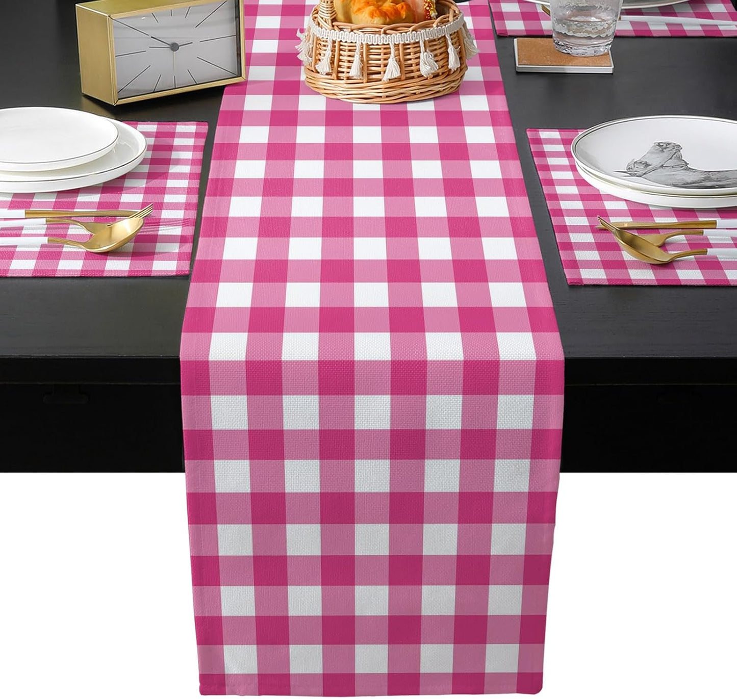 Peach Pink Checked Table Runner with Placemats Set of 4, Cotton Linen Kitchen Dining Mats Long Tablerunner, Farmhouse Buffalo Plaid Country Grid Table Mats Set for Living Room/Dresser/Dining 13"x70"