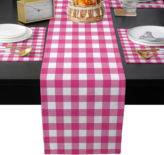 Peach Pink Checked Table Runner with Placemats Set of 4, Cotton Linen Kitchen Dining Mats Long Tablerunner, Farmhouse Buffalo Plaid Country Grid Table Mats Set for Living Room/Dresser/Dining 13"x70"