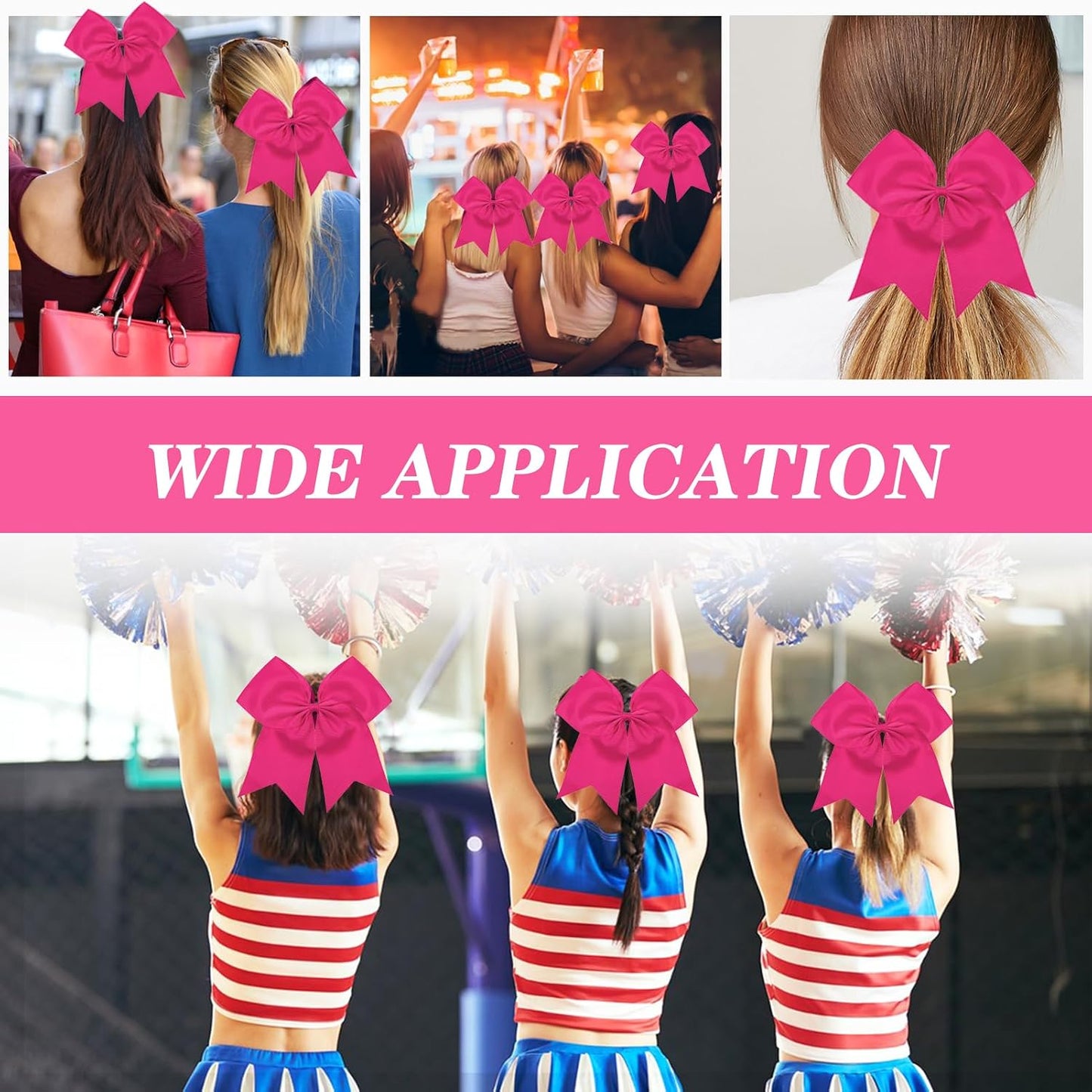 2pcs Large Cheering Bows 8 Inch Pink Cheerleading Bows with Elastics Hair Ties Bands Ponytail Holder for Cheerleader Softball Football Competition College Sport