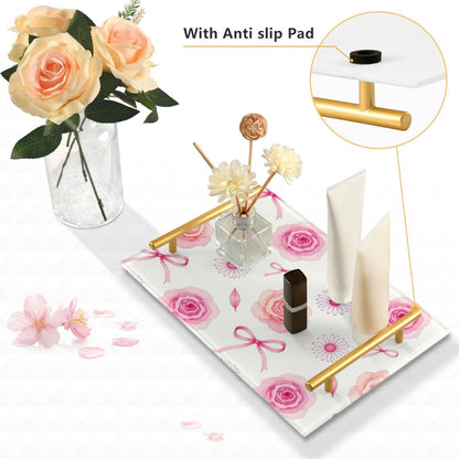 Retro Pink Rose Bow Decorative Food Tray with Handles Flat Serving Tray for Jewelry Perfume for Decorative Food bandejas para comida decorativas