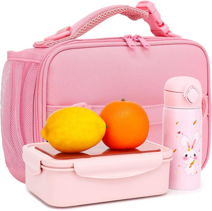 FlowFly Kids Lunch Bag, Durable Insulated School Lunch Box with Shoulder Strap and Bottle Holder, Water-resistant Thermal Small Lunch Cooler Tote for Teen Boys & Girls,Pink