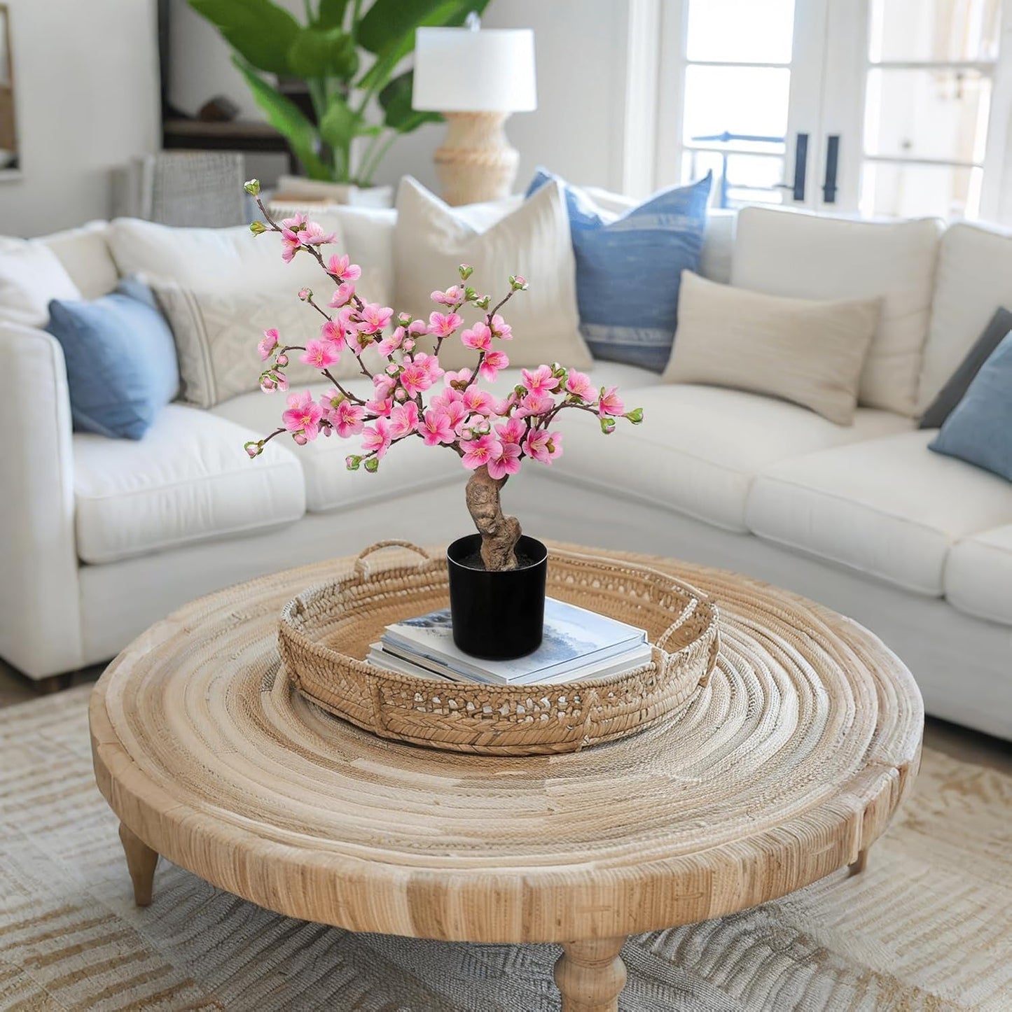 Faux Cherry Blossom Decor Pink Silk Flowers Arrangement 17.3" Small Cherry Blossom Flowers Tree Realistic Artificial Flowers with Vase Pot Fake Flowers for Home Office Table Centerpiece Wedding Decor