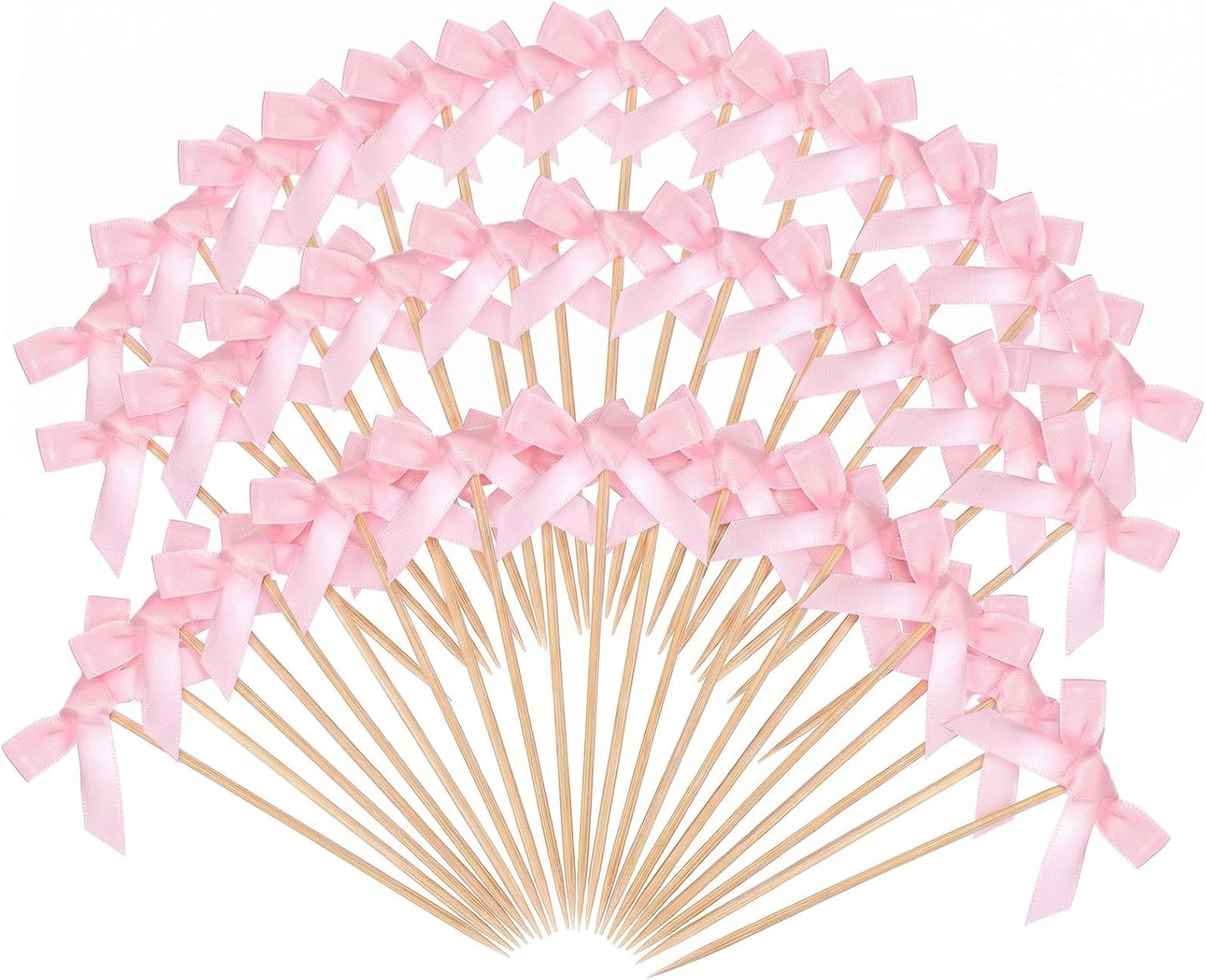 100Pcs Pink Bow Cocktail Picks 4.3" Bow Bamboo Fancy Toothpicks | Bowknot Swizzle Sticks for Appetizers Drinks Desserts Cute Pink Toothpicks for Wedding Favors Bridal Showers & Party Decor