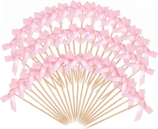 100Pcs Pink Bow Cocktail Picks 4.3" Bow Bamboo Fancy Toothpicks | Bowknot Swizzle Sticks for Appetizers Drinks Desserts Cute Pink Toothpicks for Wedding Favors Bridal Showers & Party Decor