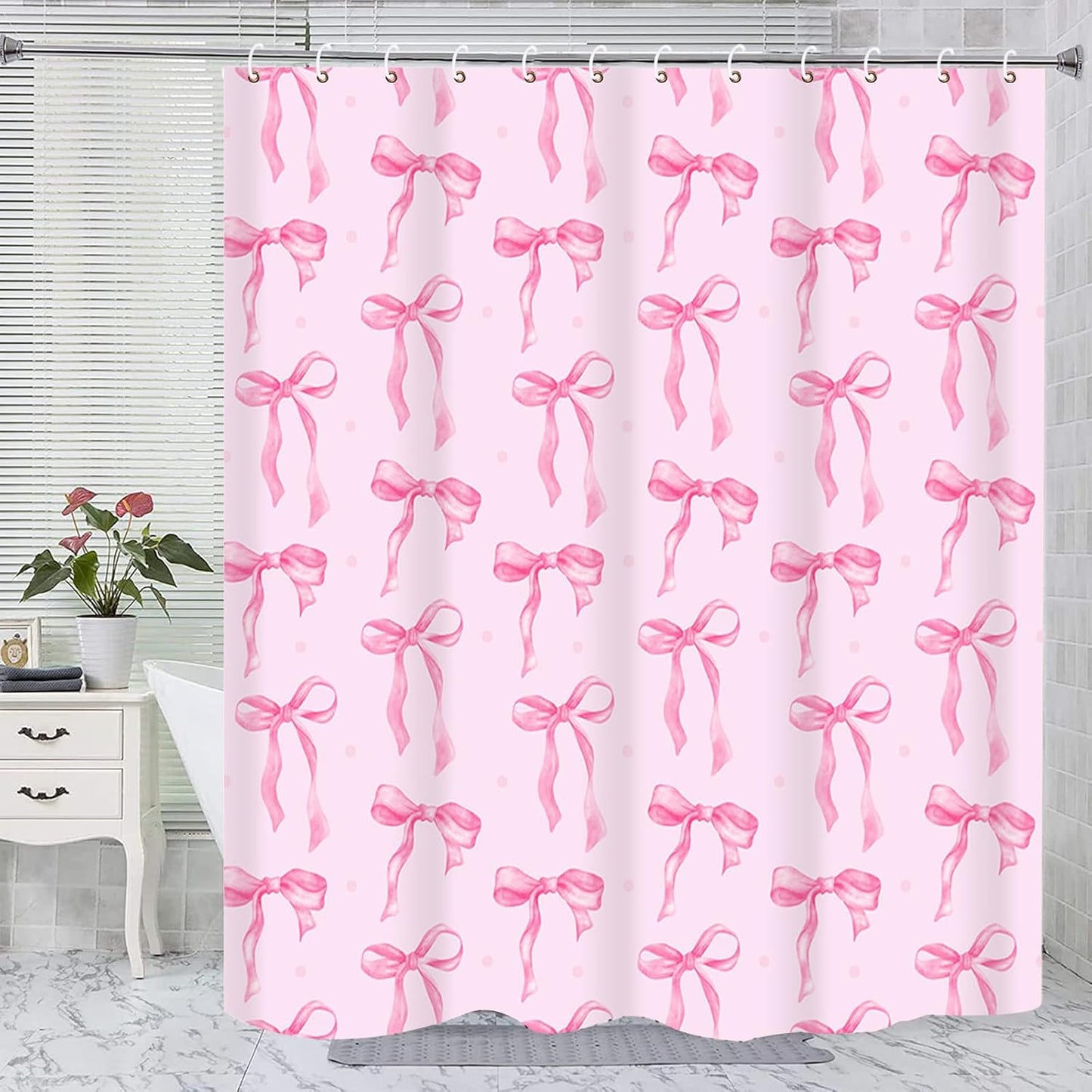 Pink Shower Curtain with Bows Shower Curtain Set, Waterproof Cloth Pink Bow Bathtub Shower Curtains with Hooks, Cute Bow Bathroom Decor Coquette Bath Curtains Girly Shower Decoration for Women 72x72"