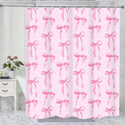 Pink Shower Curtain with Bows Shower Curtain Set, Waterproof Cloth Pink Bow Bathtub Shower Curtains with Hooks, Cute Bow Bathroom Decor Coquette Bath Curtains Girly Shower Decoration for Women 72x72"