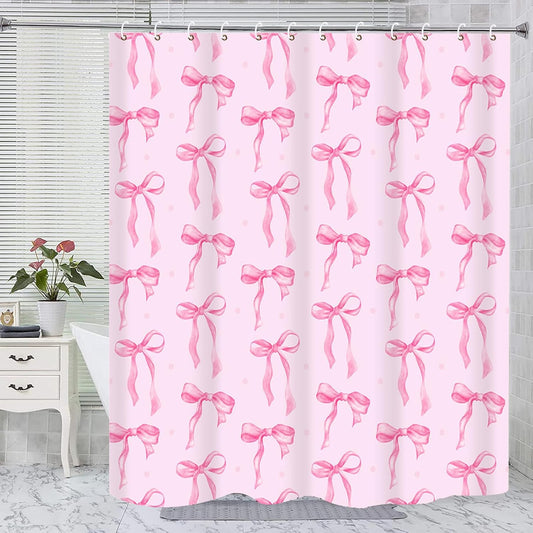 Pink Shower Curtain with Bows Shower Curtain Set, Waterproof Cloth Pink Bow Bathtub Shower Curtains with Hooks, Cute Bow Bathroom Decor Coquette Bath Curtains Girly Shower Decoration for Women 72x72"