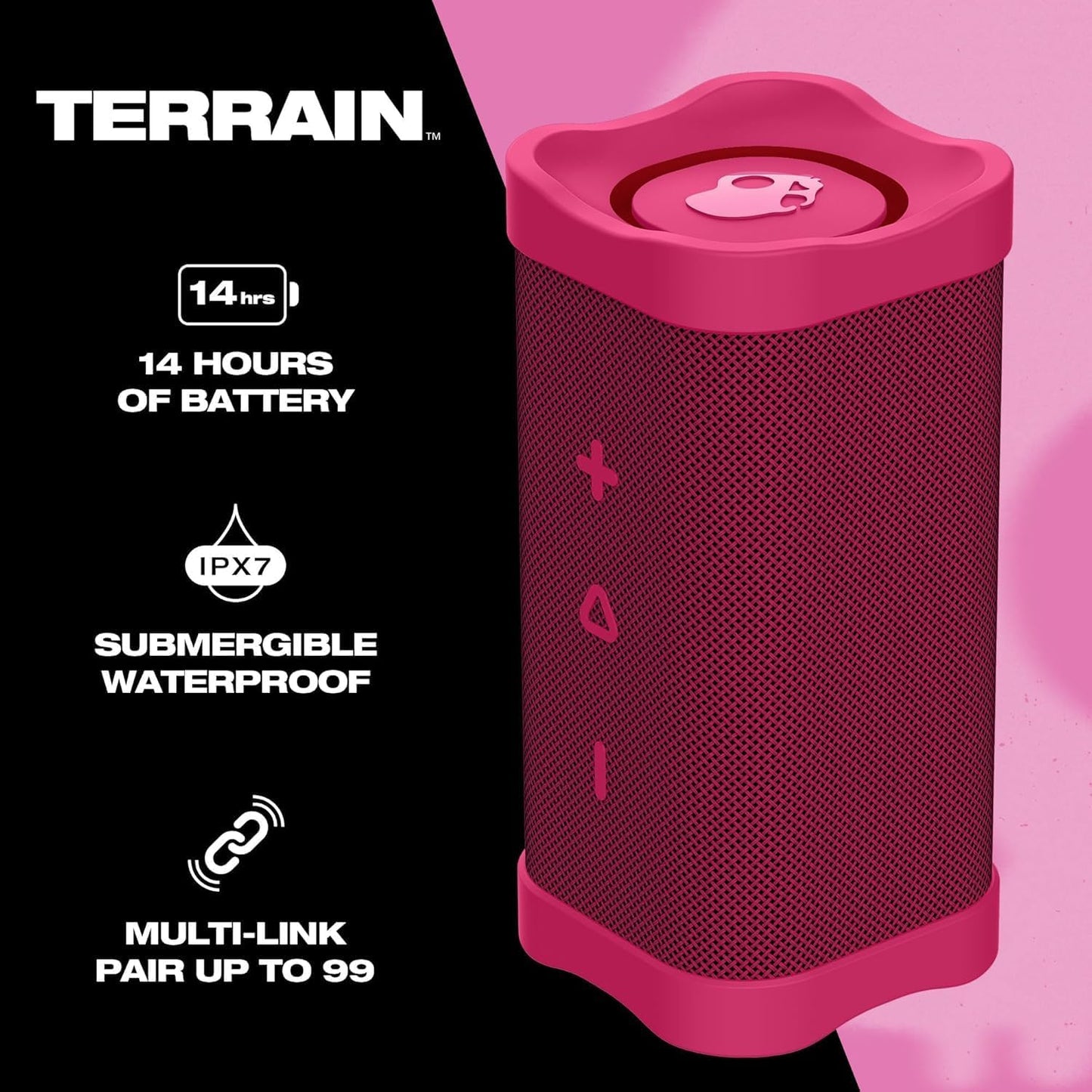 Skullcandy Wireless Terrain XT Bluetooth Speaker - IPX7 Waterproof Portable Terrain Speaker with Dual Custom Passive Radiators, 14 Hour Battery, Nylon Wrist Wrap, & True Wireless Stereo (Pink)