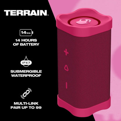 Skullcandy Wireless Terrain XT Bluetooth Speaker - IPX7 Waterproof Portable Terrain Speaker with Dual Custom Passive Radiators, 14 Hour Battery, Nylon Wrist Wrap, & True Wireless Stereo (Pink)