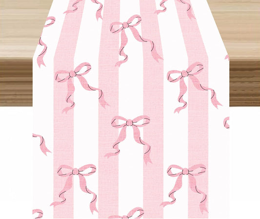 Stripe Table Runner Ribbon Bow Striped White Pink Print Pattern Decor for Indoor Outdoor Kids Party Dinner Festival Farmhouse Holiday Home Kitchen Dining Room, 13x36in