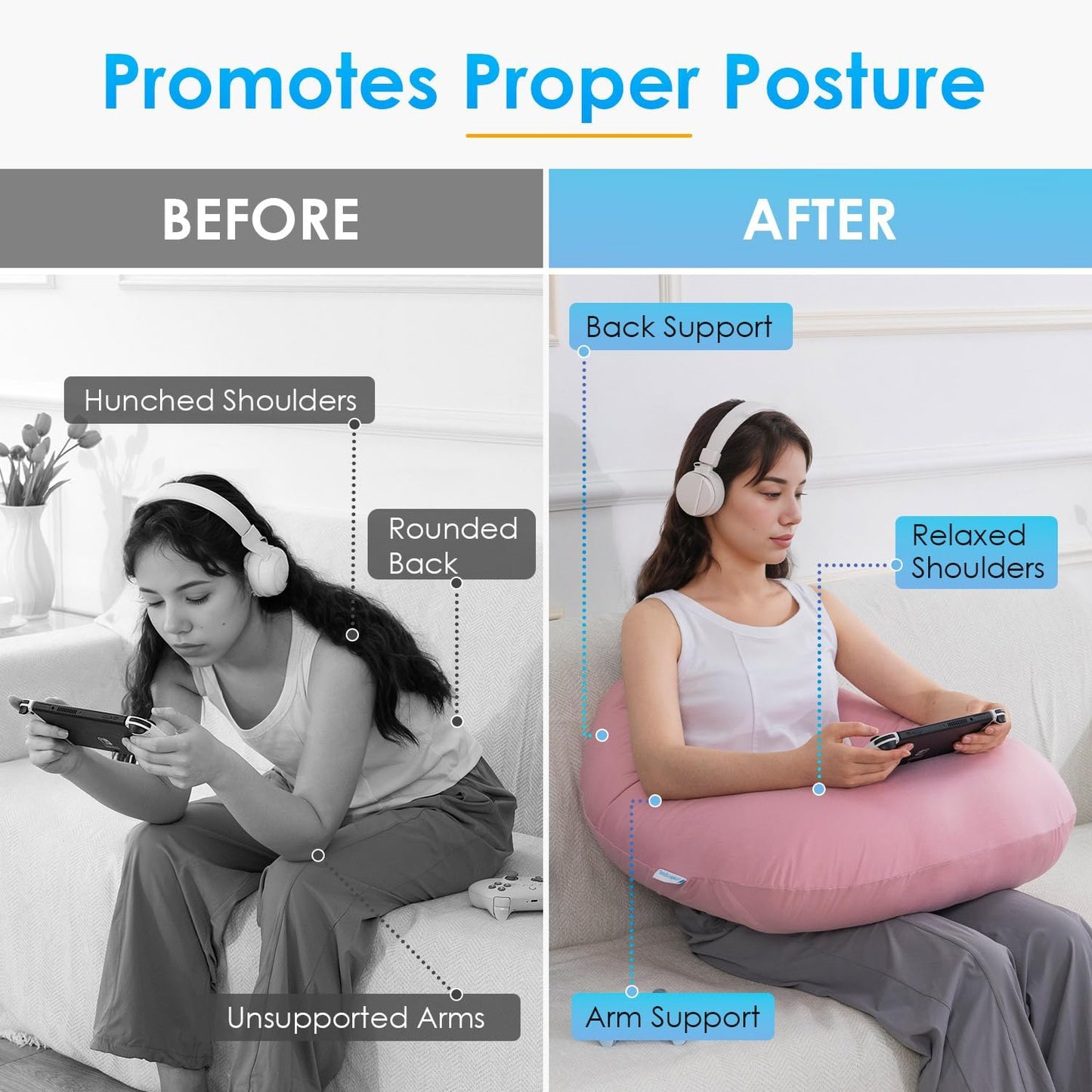 QUEEN ROSE Reading Pillow for Gaming, Lap Desk Pillow for Sitting in Bed or Sofa, Compact Arm Support Pillow for Reading, Playing or Crocheting, Cooling Pink
