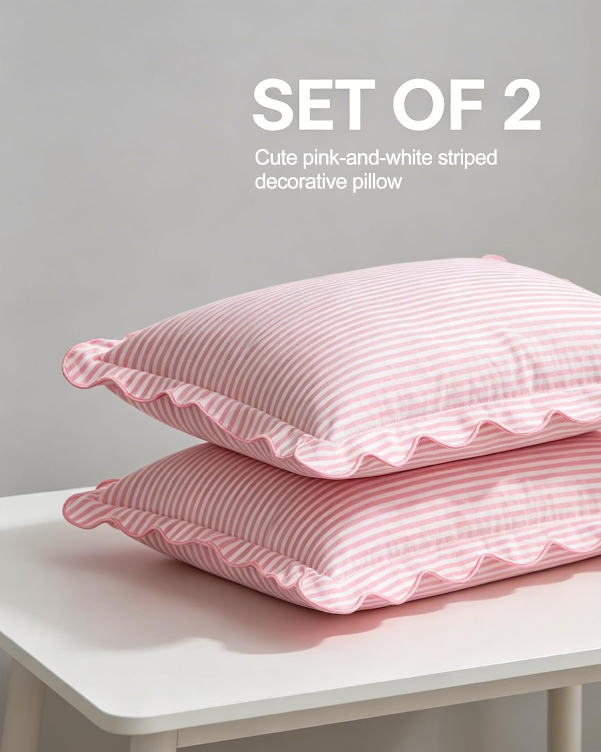 Coastal Style Indoor/Outdoor Scalloped Edge Embroidered Pillow Cover Only, 18“ x 18”, for Sofa, Pink Stripe Design (Pink Stripes)
