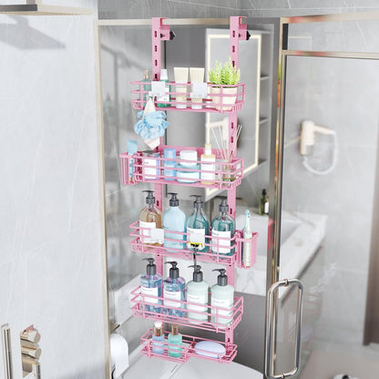 Consumest Over The Door Shower Caddy - 5 Tier Adjustable Shower Organizer Hanging with 2 Toothbrush Holders & 4 Hooks, Rustproof Organizer Shelf, Storage Rack for Bathroom, Pink
