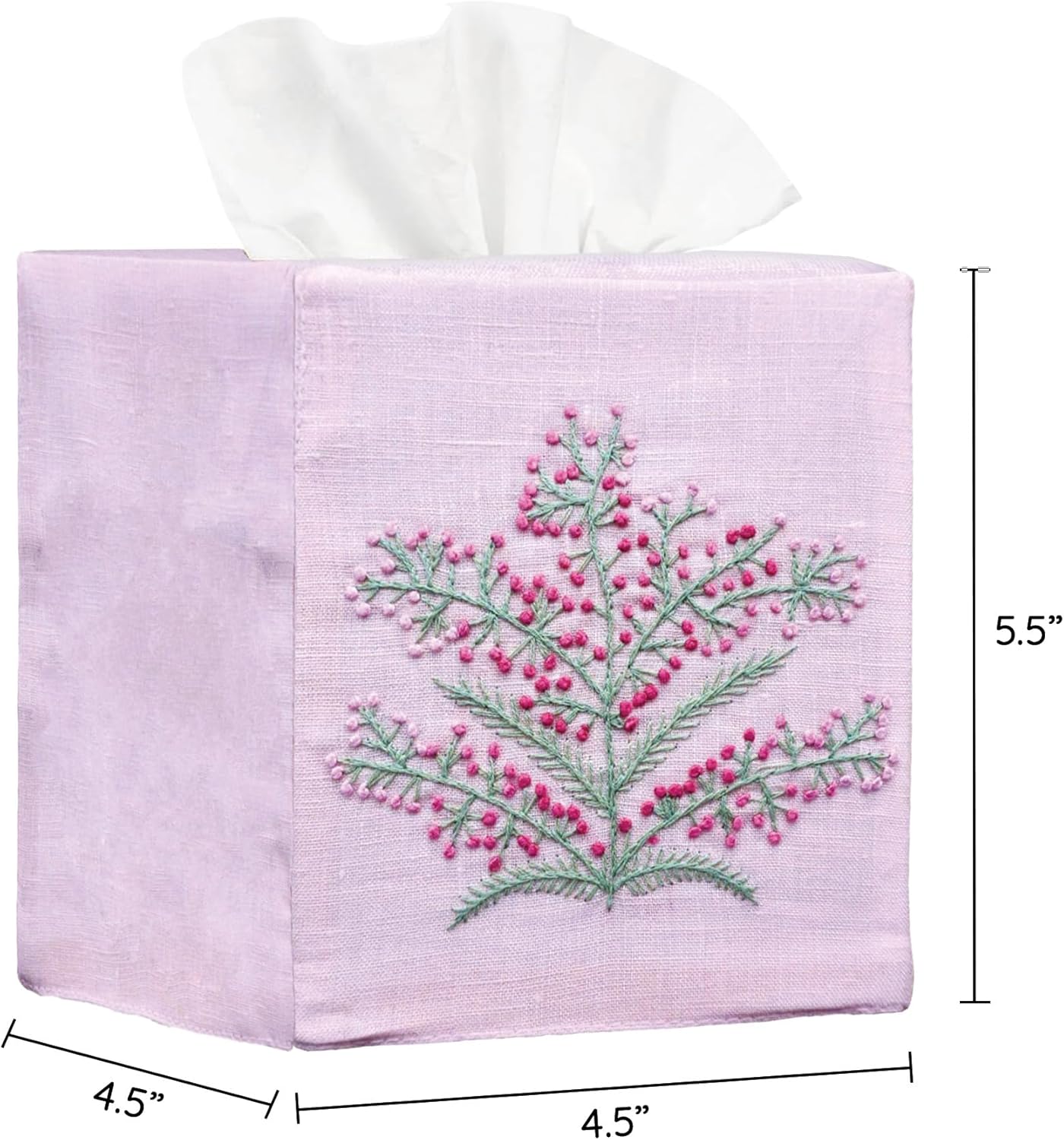 Cloth Tissue Box Cover Cute Set of 2, Square Linen Tissue Holder with French Knot Hand Embroidered Flowers Pattern, Home, Office, Kitchen Decor, 4.5x4.5x5.5 Inches (Pink)