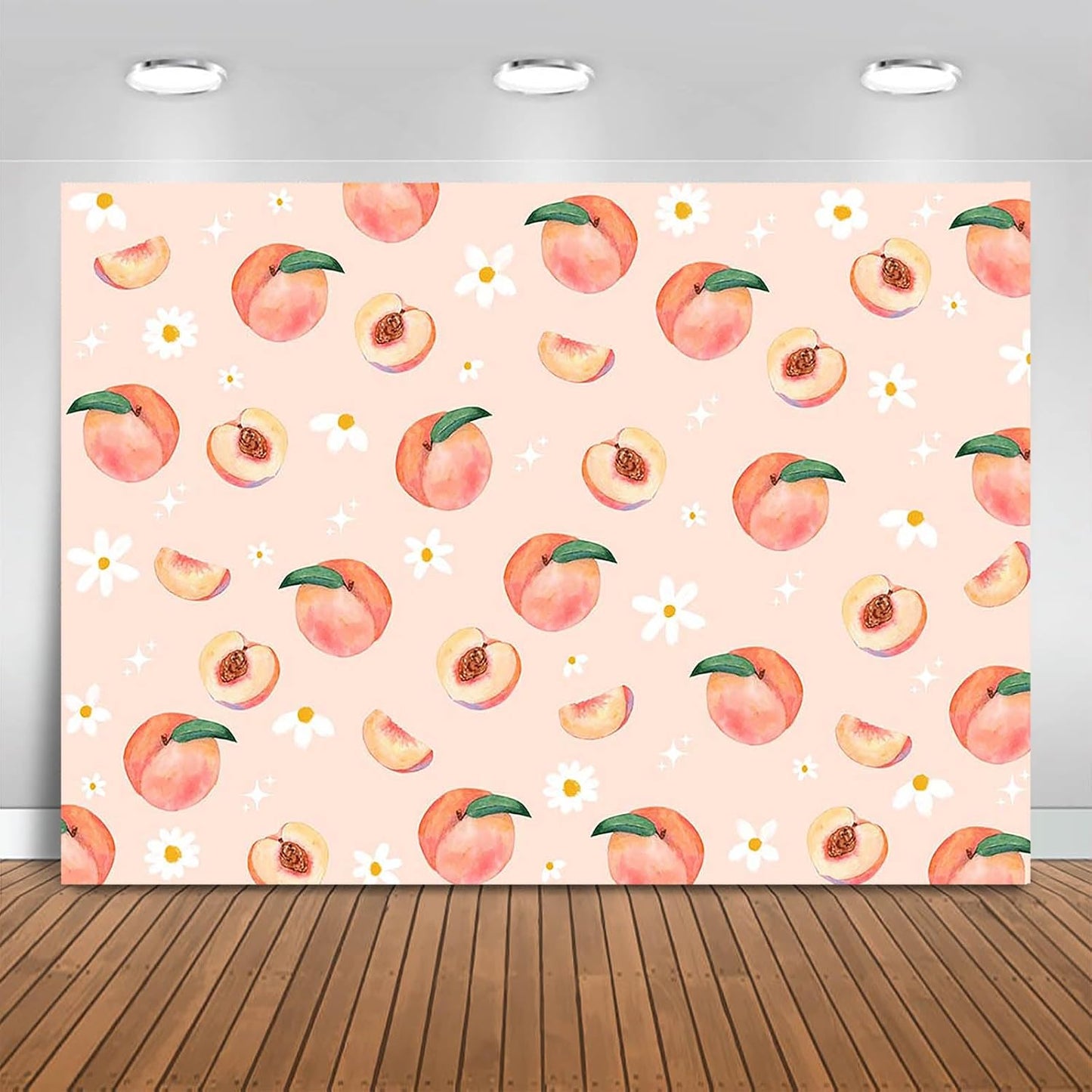 Peach Backdrop 7x5ft Allover Fruits Daisy Party Decorations Background Peach Wall Paper Dessert Table Cloth Banner Photo Booth Props
