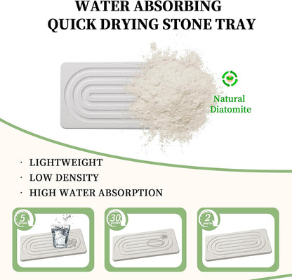2 PCS Water Absorbing Diatomite Coasters, Stone Drying Mat for Kitchen Counter, Quick Dry Stone Mat Trays for Bathroom Kitchen Counter, Soap Dish Tray Used for Hand Soaps (White, 8.3" x 4")