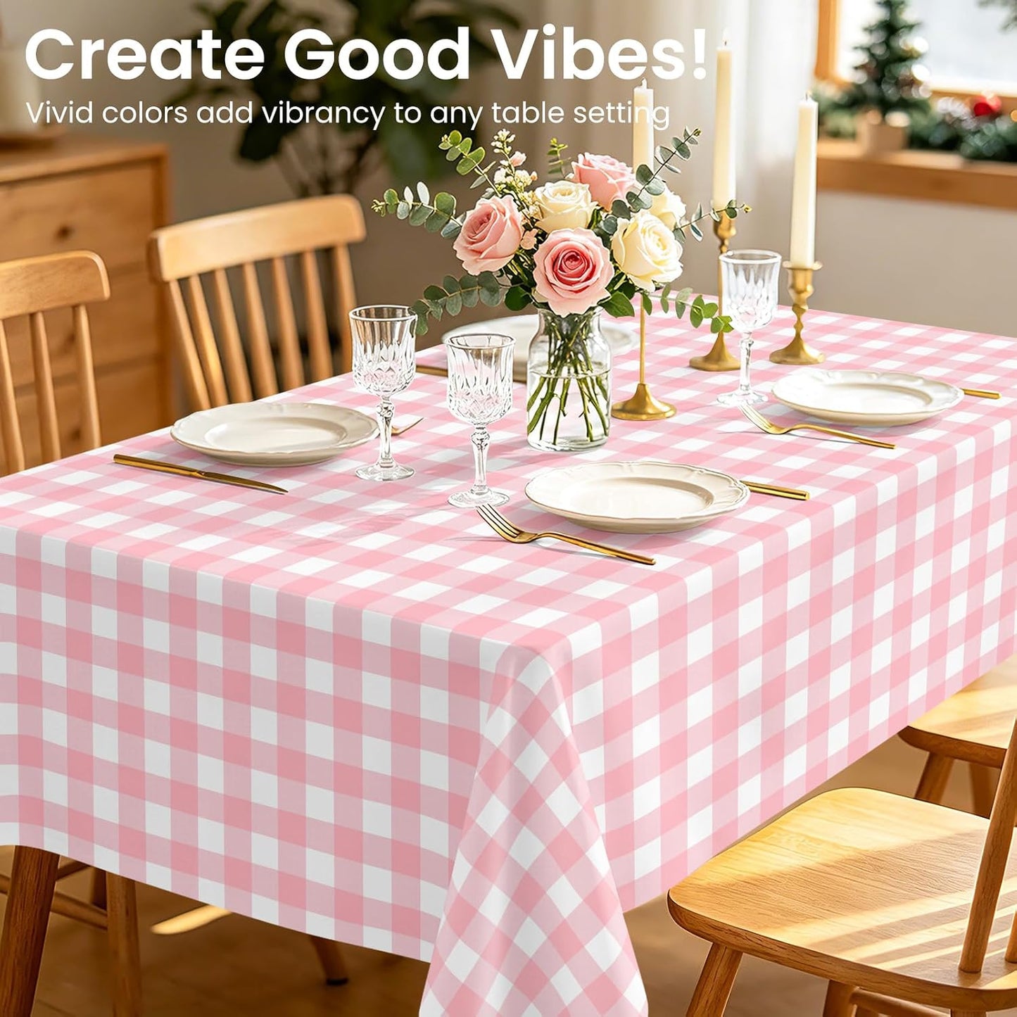 2 Pack Pink and White Checkered Tablecloth, Pink Plastic Table Cloths for Parties Disposable, 54x108 in Waterproof Rectangular Pink Gingham Camping Tablecloth for Birthday, Party, Baby Shower