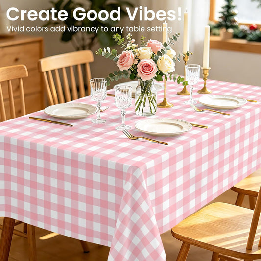 2 Pack Pink and White Checkered Tablecloth, Pink Plastic Table Cloths for Parties Disposable, 54x108 in Waterproof Rectangular Pink Gingham Camping Tablecloth for Birthday, Party, Baby Shower