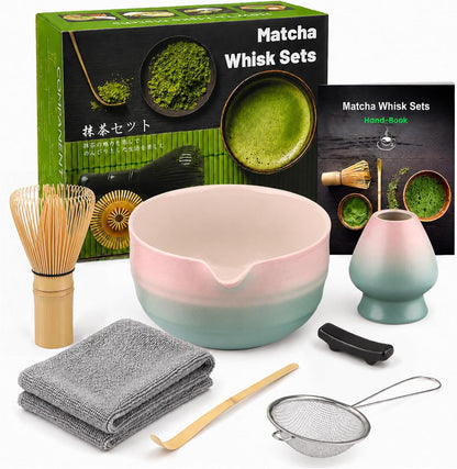 7pcs Matcha Set, Matcha Whisk Set - Matcha Whisk Bamboo, Whisk Holder, Matcha Bowl, Scoop, Sifter, Absorbent Cloth - Japanese Tea Ceremony Set for Home Use or as a Gift, Gradient Pink-Blue