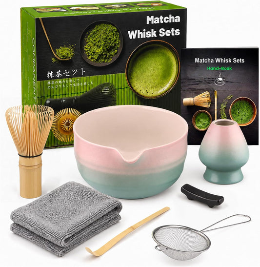 7pcs Matcha Set, Matcha Whisk Set - Matcha Whisk Bamboo, Whisk Holder, Matcha Bowl, Scoop, Sifter, Absorbent Cloth - Japanese Tea Ceremony Set for Home Use or as a Gift, Gradient Pink-Blue