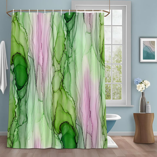 Green Pink Ink Marble Shower Curtain with 12 Hooks, Nautical Water Ripples Abstract Waterproof Fabric Shower Curtains Sets for Bathroom Bathtub Decorations, Machine Washable, 48"x72"