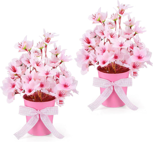 Suncalla 2 Pack Small Artificial Cherry Blossom Plant in Pots Faux Flower Potted Plants Pink Arrangement Rustic Home Decor 7.9" Tall for Sakura Japanese Table Centerpiece Windowsill Indoor Decor