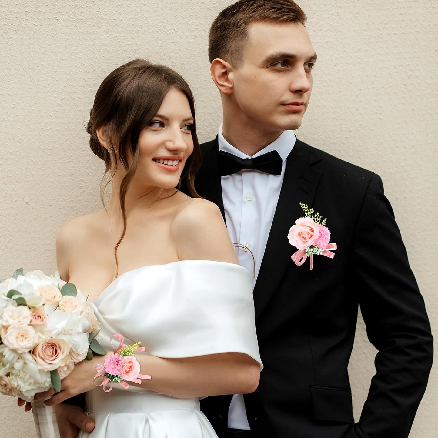 Pink Corsage and Boutonniere Set, Artificial Corsage Wristlet and Boutonniere for Wedding Christmas Flowers Accessories (2PCS)