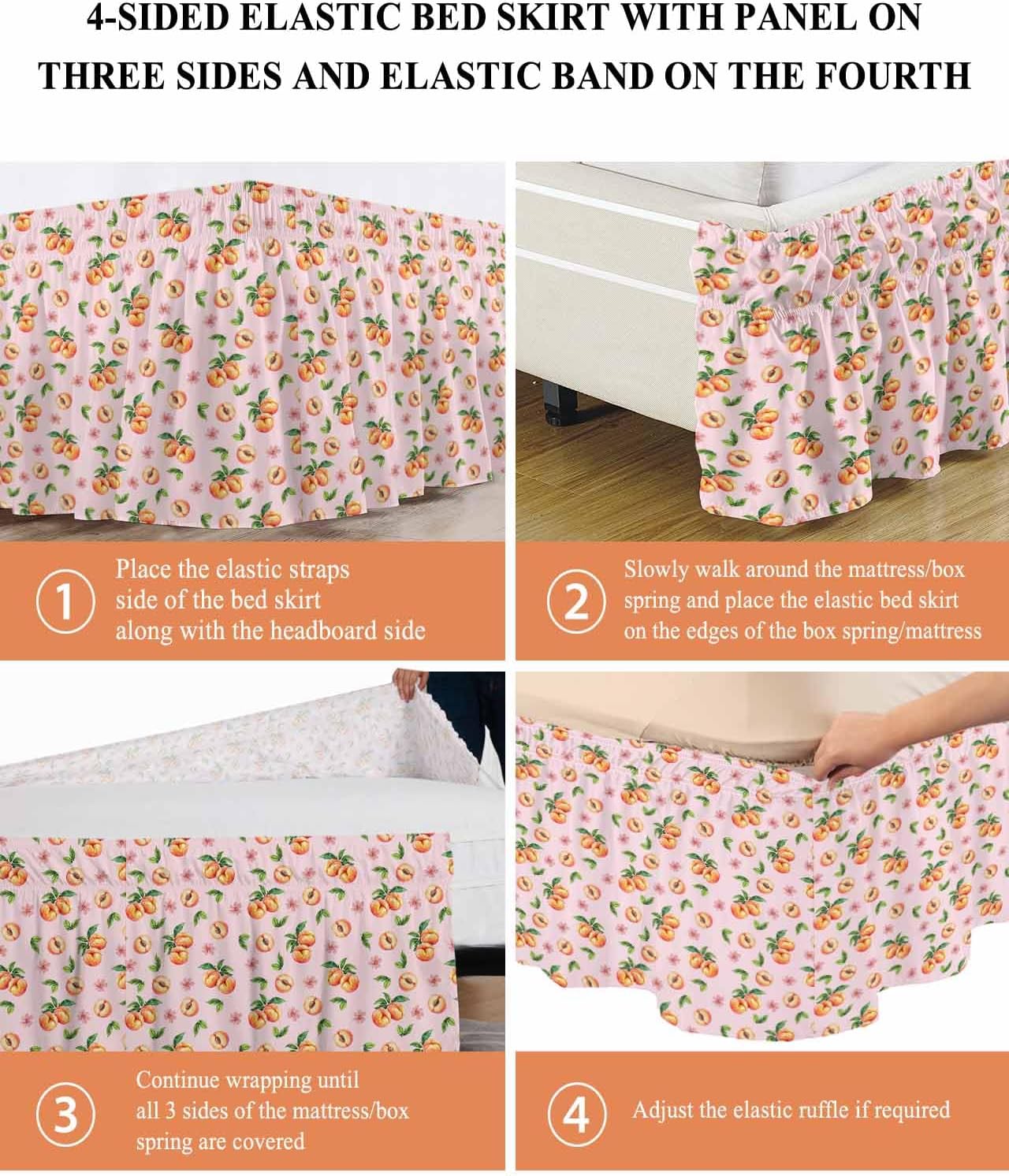 Bed Skirt Pink Peaches Bedskirt 16 Inch Drop Flowers Summer Fruit Adjustable Elastic Wrap Around Bed Skirts Dust Ruffle for Queen Size Bed Frame Cover