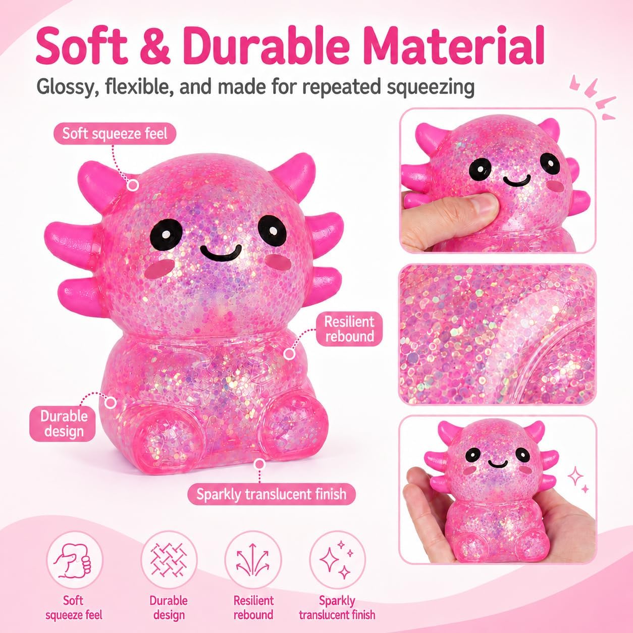 Axolotl Squishy Stress Ball, Soft TPR Slow Rising Squeeze Toy, Cute Axolotl Fidget Toy for Stress Relief, Anxiety Calming Sensory Toy for Kids Adults(Pink Seated Axolotl)